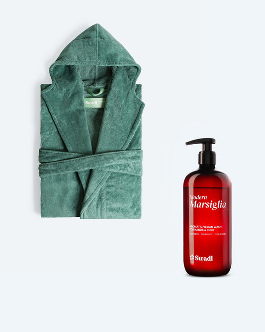 Combo Accappatoio con Cappuccio Buongiorno Verde Pino e Sapone